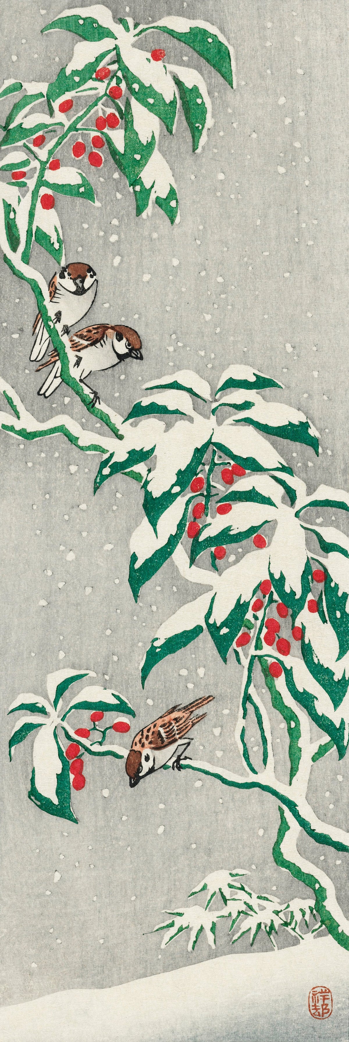 T-shirt Sparrows On Snowy Berry Bush Signature
