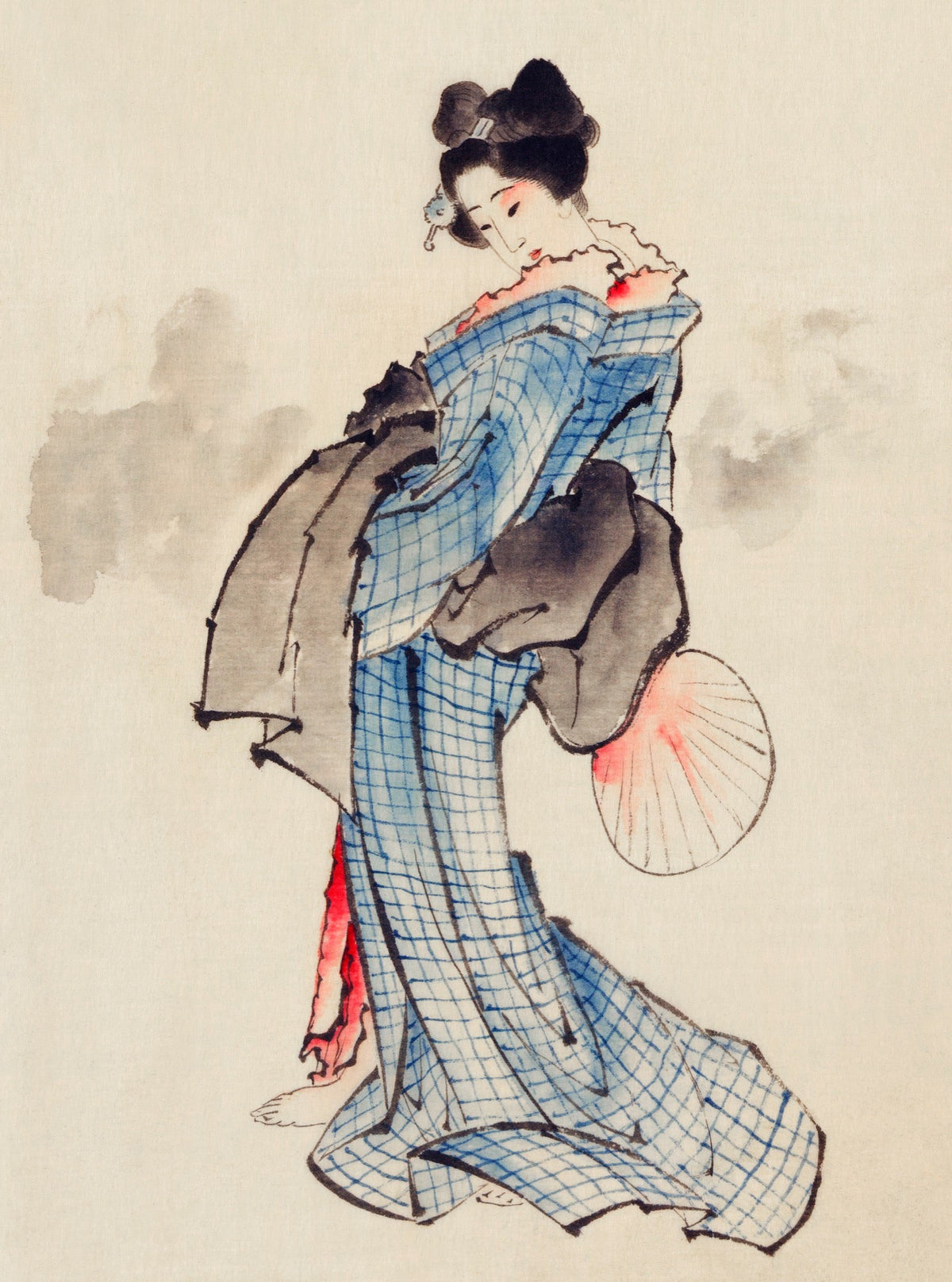 T-shirt Woman Full-Length Portrait Standing Facing Left Holding Fan In Right Hand Wearing Kimono With Check Design - Katsushika Hokusai 1760 Signature