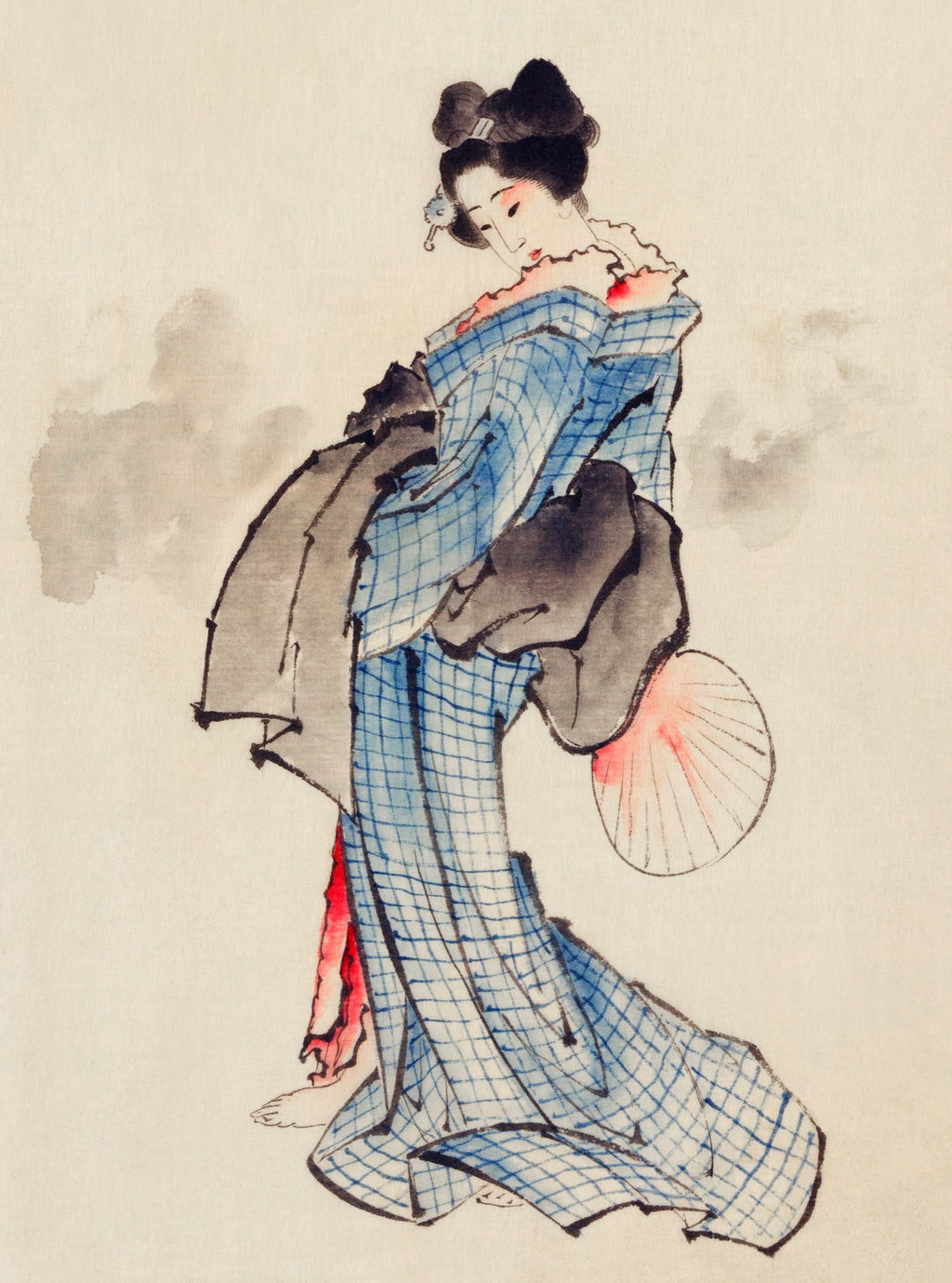 Sweater Woman Full-Length Portrait Standing Facing Left Holding Fan In Right Hand Wearing Kimono With Check Design - Katsushika Hokusai 1760 Signature