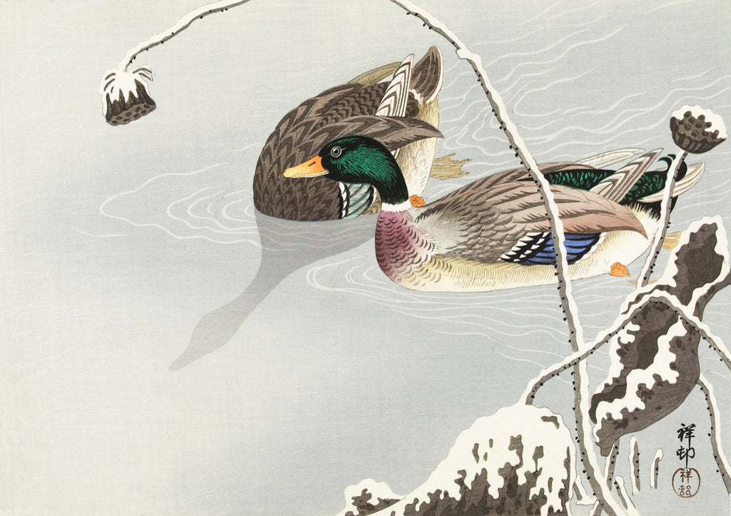 Hoodie Two Mallards Near A Snow-Covered Lotus - Ohara Koson 1925 Signature