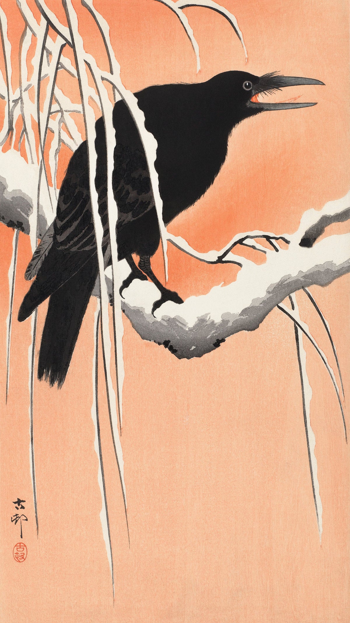 Hoodie Crow On Snowy Branch - Ohara Koson 1900 Signature