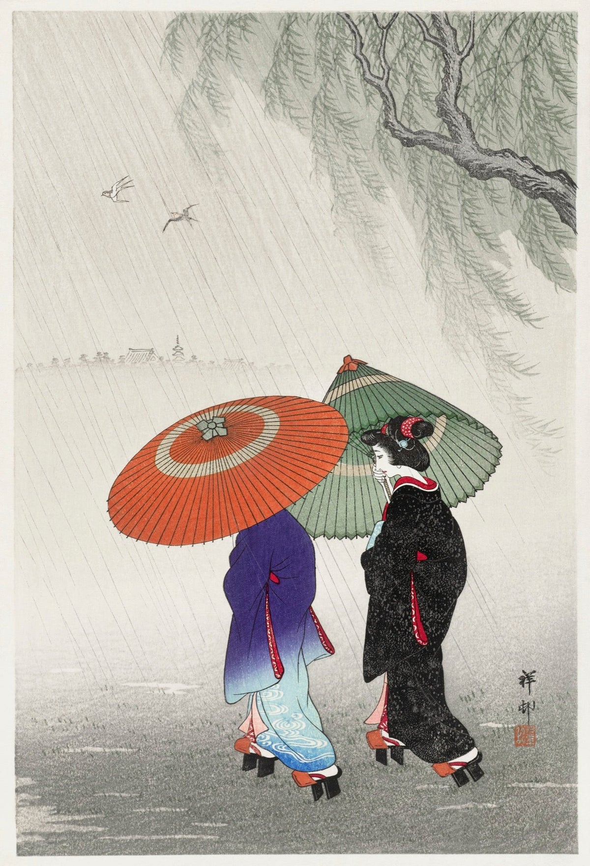 Sweater Two Women In The Rain - Ohara Koson 1925 Signature