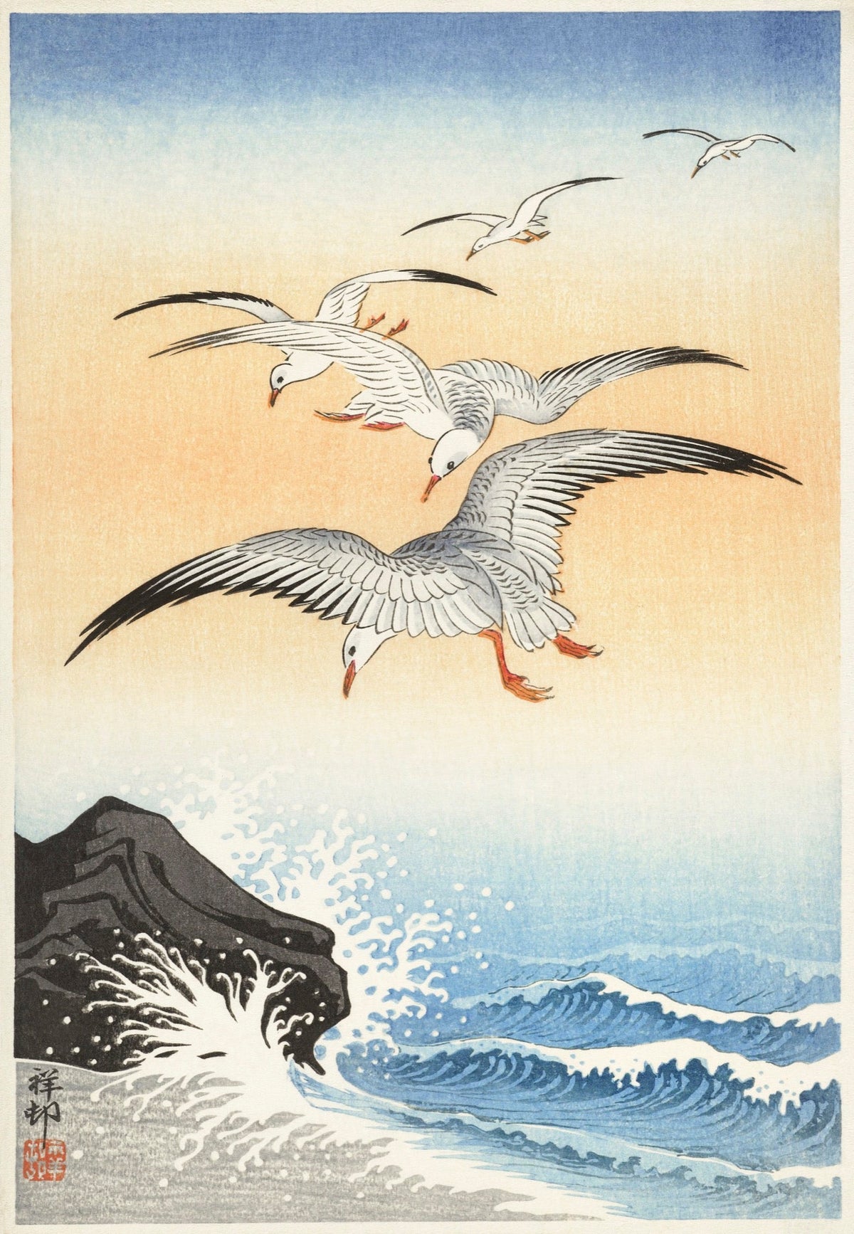 Sweater Five Seagulls Above Turbulent Sea - Ohara Koson 1900 Signature