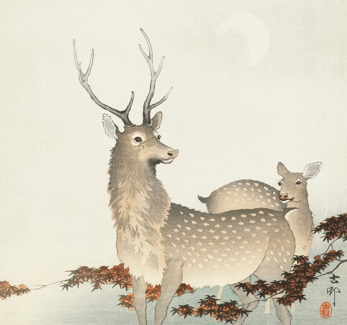 T-shirt Couple Of Deers - Ohara Koson 1900 Signature
