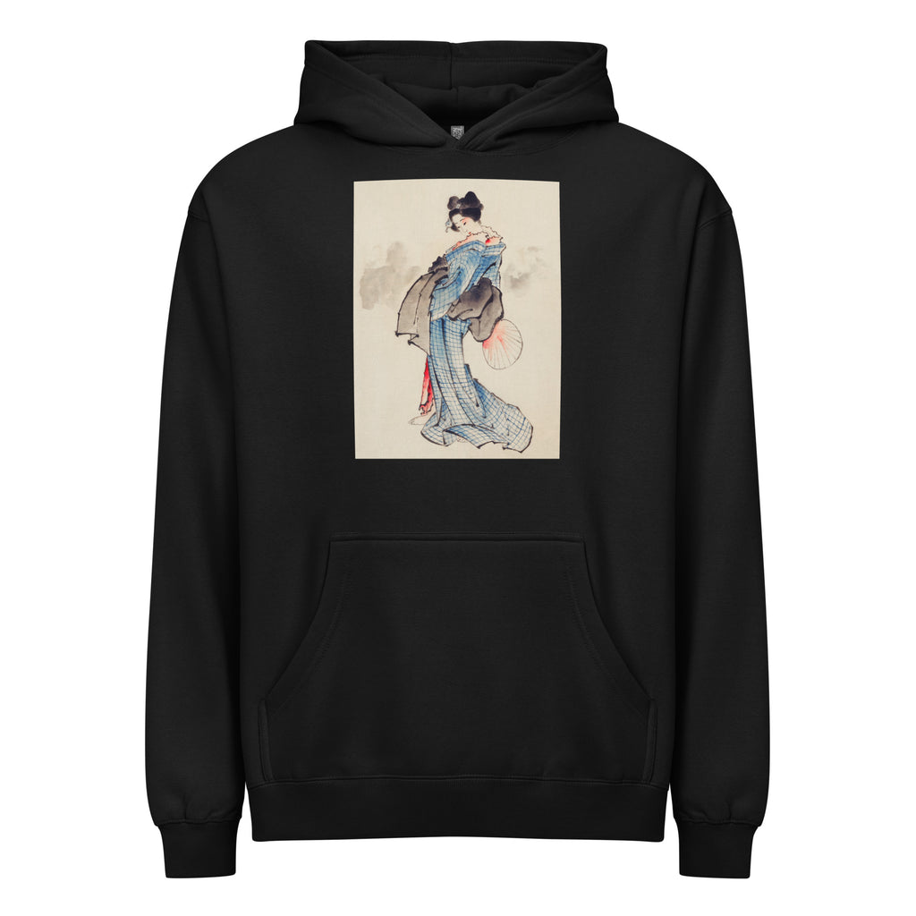 Black Hoodie Woman Full-Length Portrait Standing Facing Left Holding Fan In Right Hand Wearing Kimono With Check Design - Katsushika Hokusai 1760 Signature