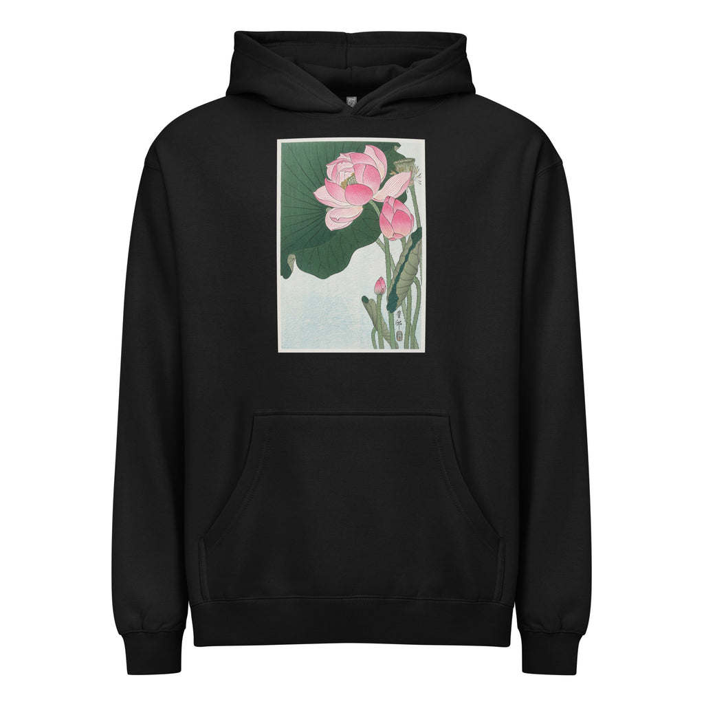 Black Hoodie Blooming Lotus Flowers - Ohara Koson 1920 Signature