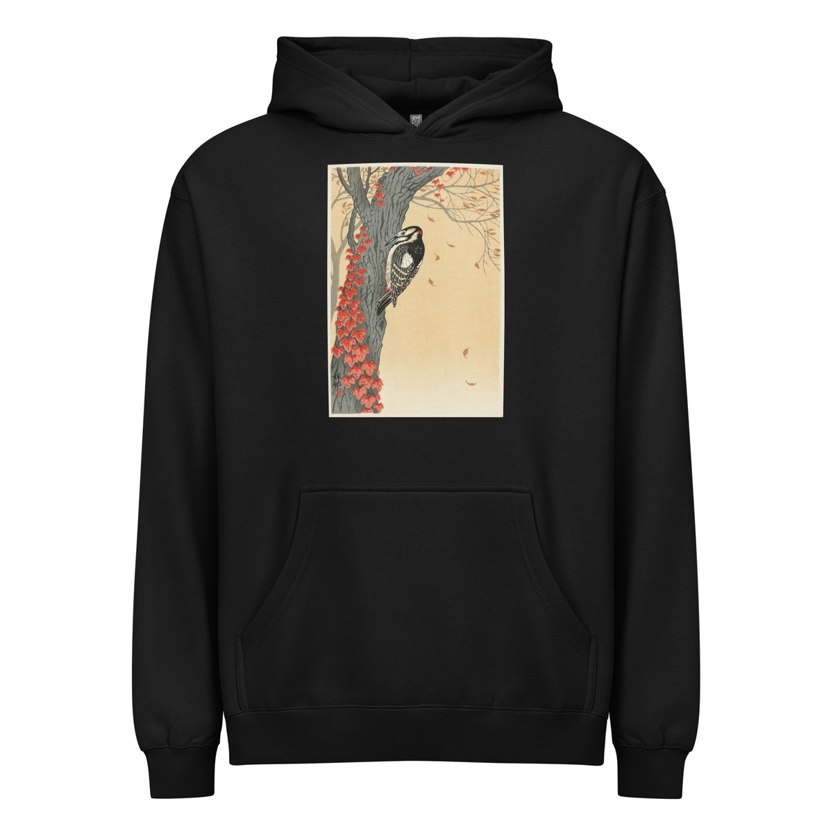 Black Hoodie Great Spotted Woodpecker In Tree With Red Ivy - Ohara Koson 1925 Signature