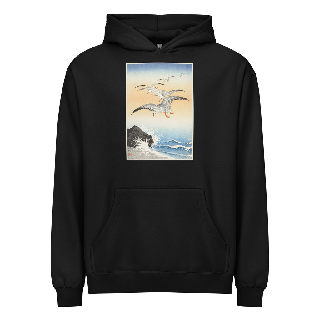 Black Hoodie Five Seagulls Above Turbulent Sea - Ohara Koson 1900 Signature
