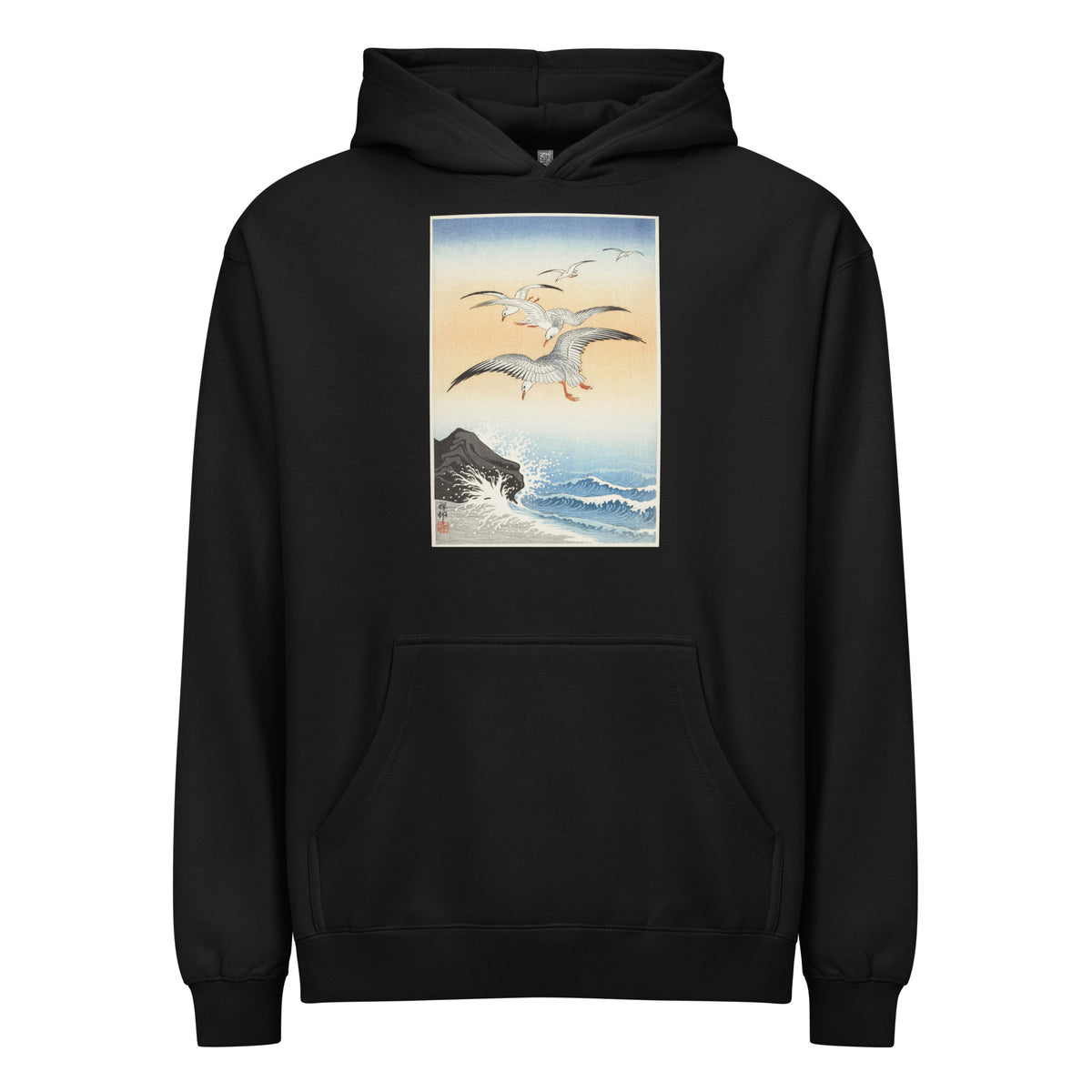 Black Hoodie Five Seagulls Above Turbulent Sea - Ohara Koson 1900 Signature