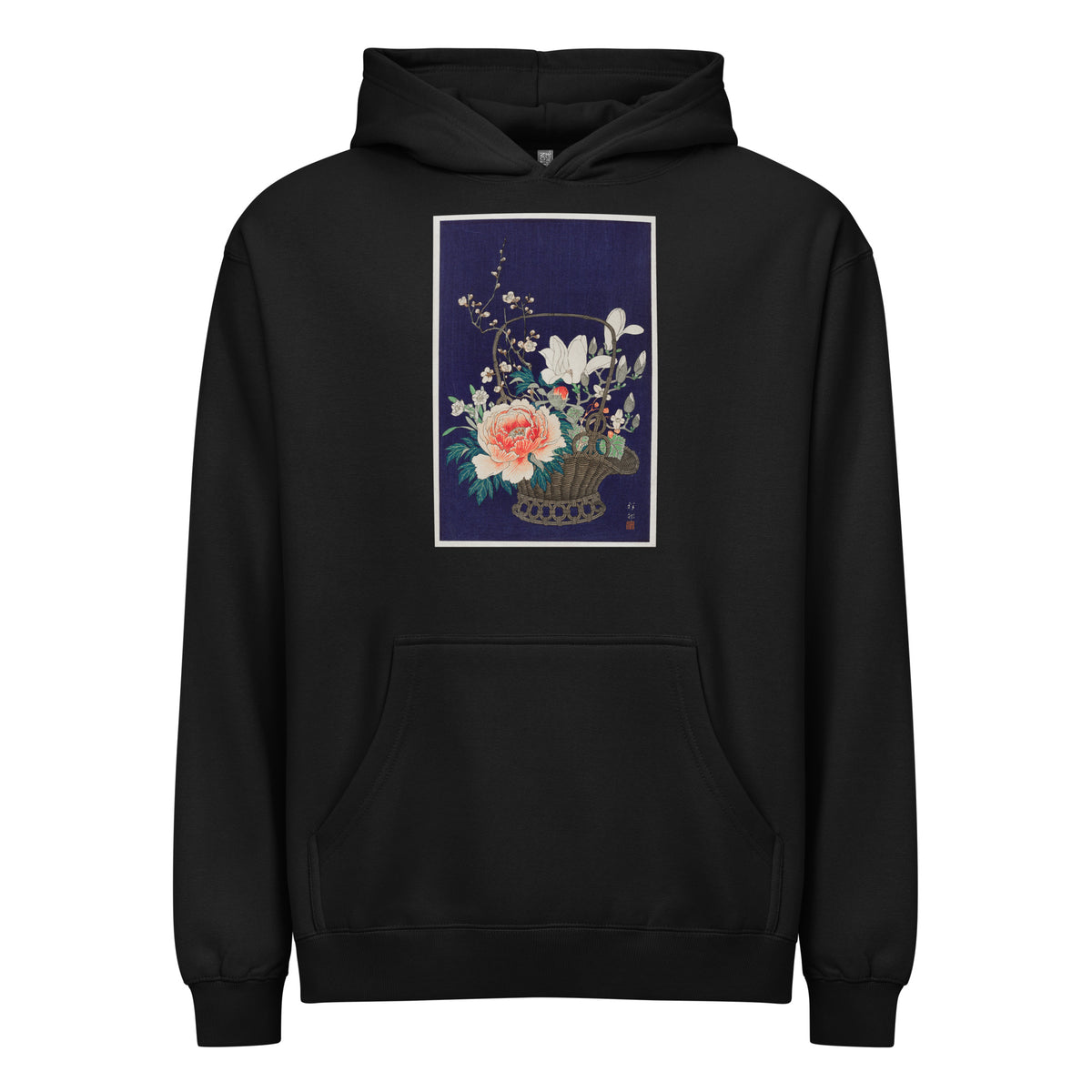 Black Hoodie Bamboo Flower Basket - Ohara Koson 1932 Signature