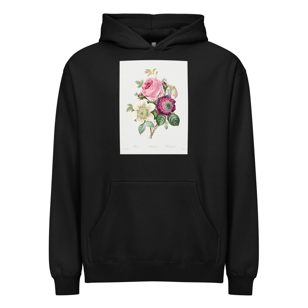 Black Hoodie Anemone And Cabbage Rose - Pierre-Joseph Redoute 1759 Signature