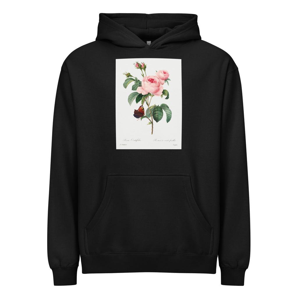 Black Hoodie Cabbage Rose - Pierre-Joseph Redoute 1759 Signature