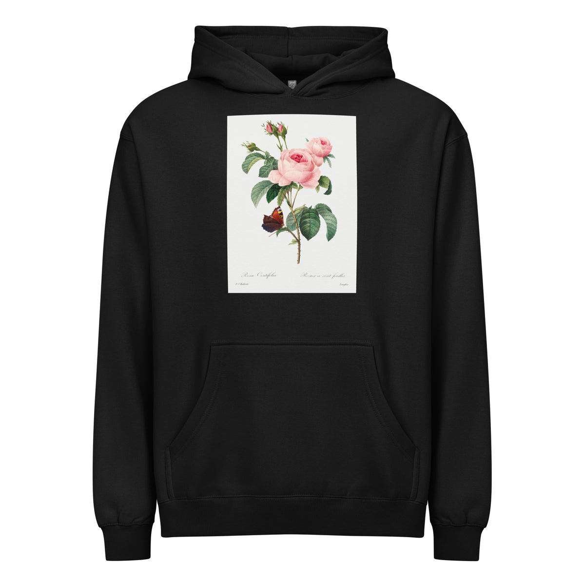 Black Hoodie Cabbage Rose - Pierre-Joseph Redoute 1759 Signature