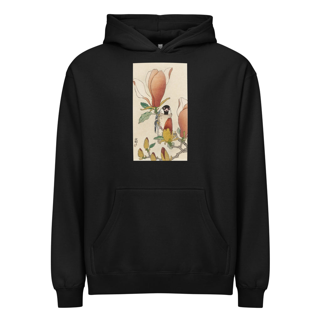 Black Hoodie Sparrow On Blooming Magnolia Branch - Ohara Koson 1900 Signature