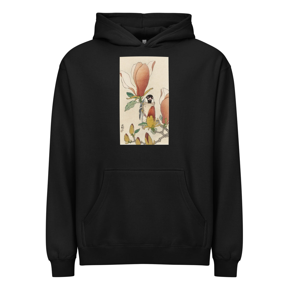 Black Hoodie Sparrow On Blooming Magnolia Branch - Ohara Koson 1900 Signature