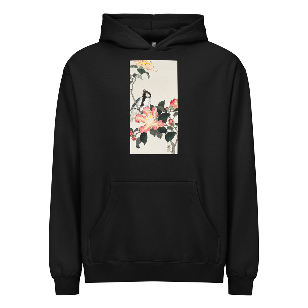 Black Hoodie Great Tit On Branch With Pink Flowers - Ohara Koson 1900 Signature