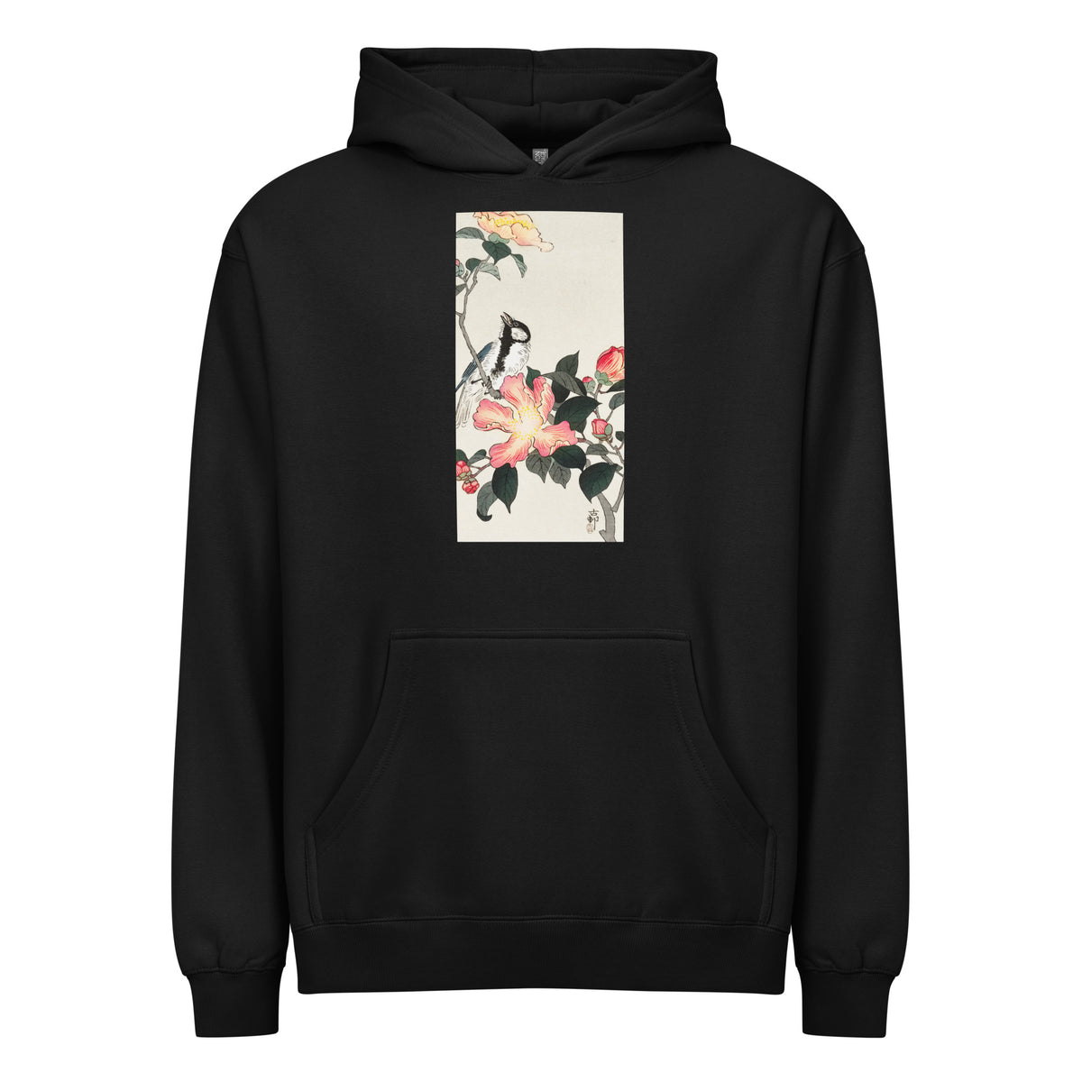 Black Hoodie Great Tit On Branch With Pink Flowers - Ohara Koson 1900 Signature