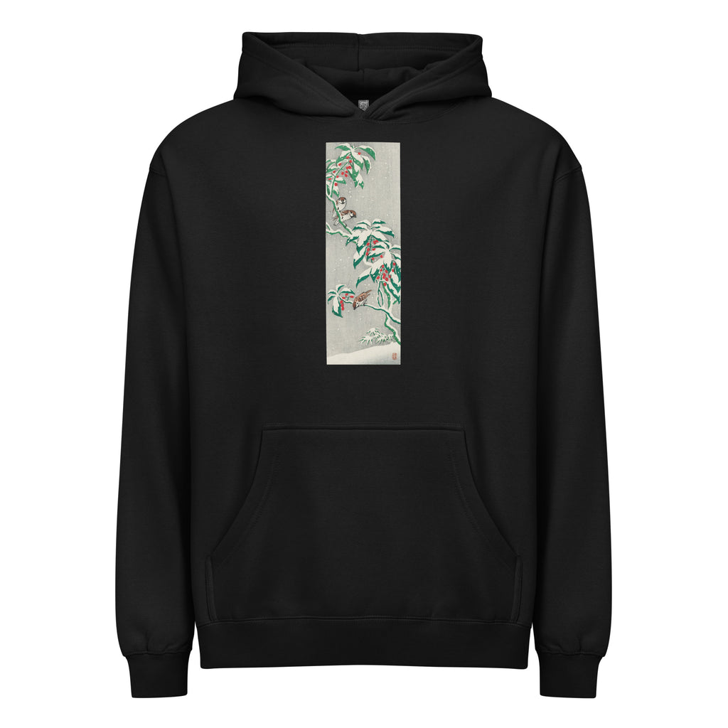 Black Hoodie Sparrows On Snowy Berry Bush Signature