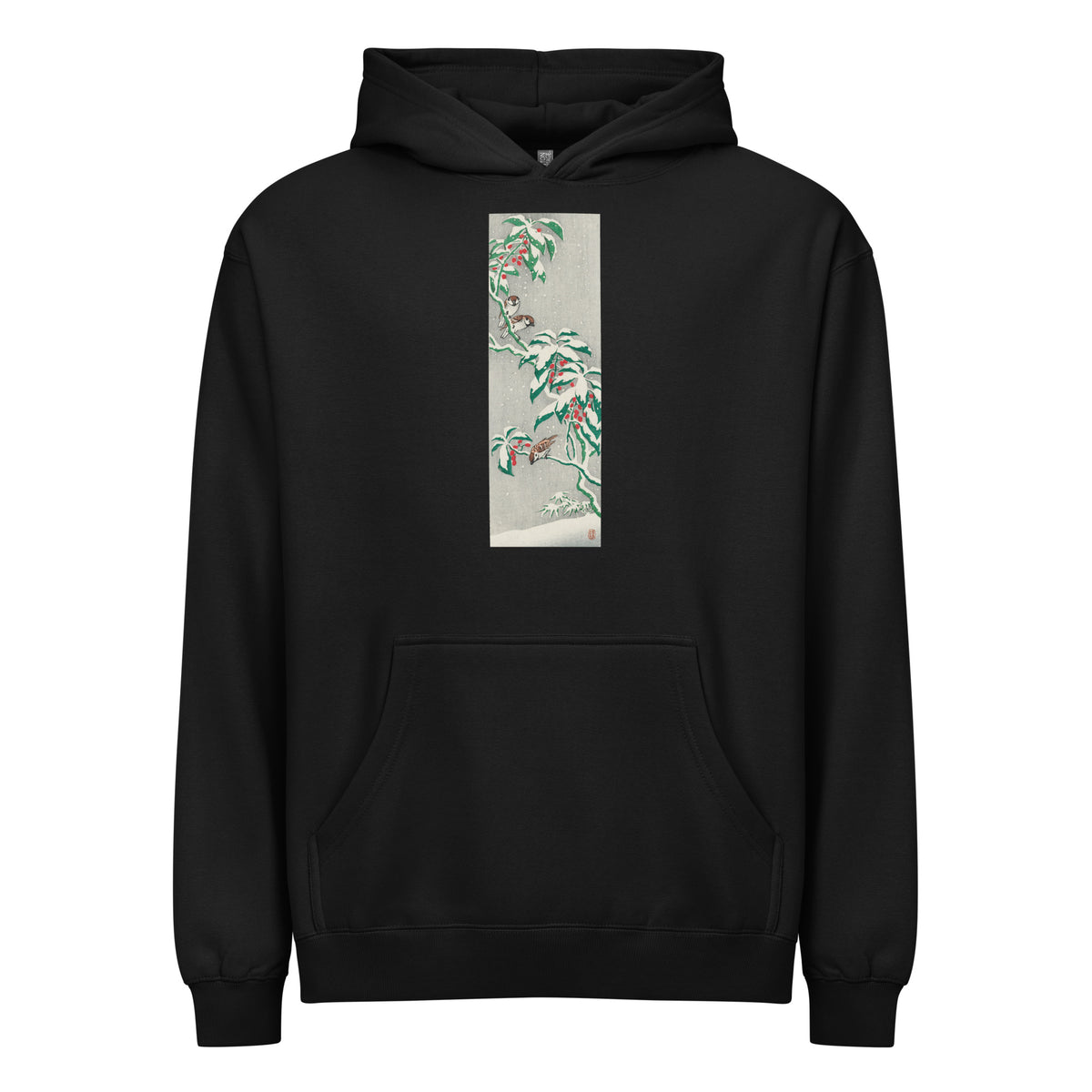 Black Hoodie Sparrows On Snowy Berry Bush Signature