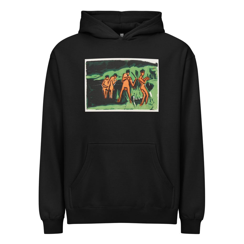 Black Hoodie Bathers Throwing Reeds Print Signature