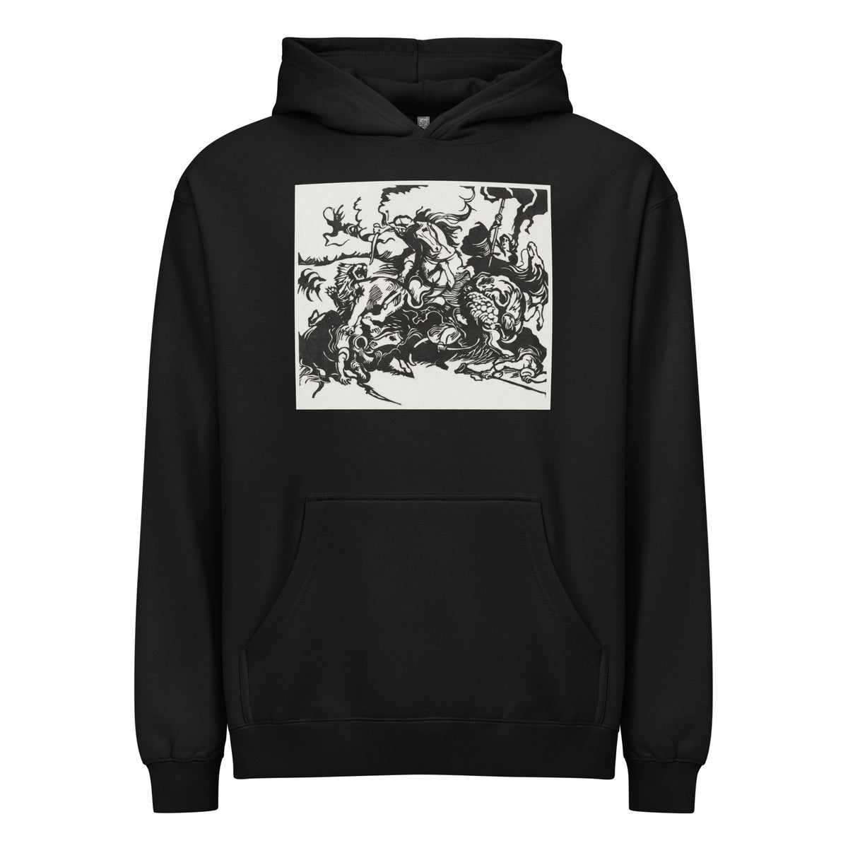 Black Hoodie Lion Hunt Print Signature