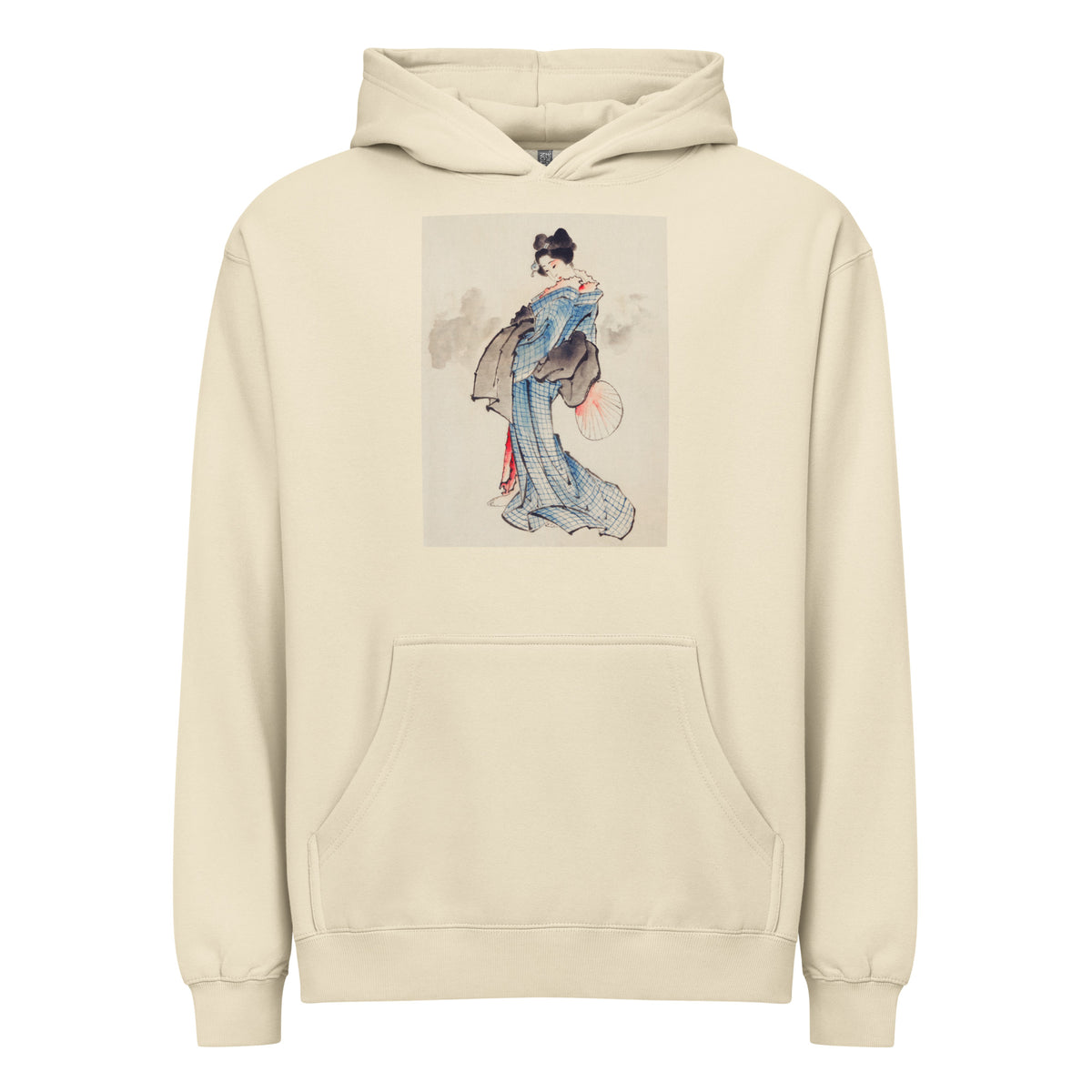 Hoodie Woman Full-Length Portrait Standing Facing Left Holding Fan In Right Hand Wearing Kimono With Check Design - Katsushika Hokusai 1760 Signature