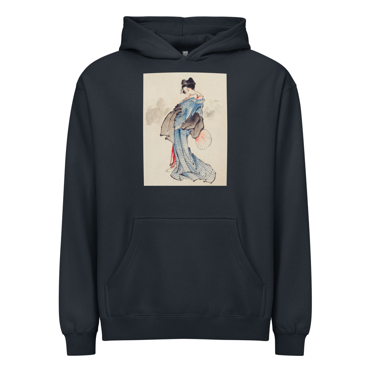 Navy Hoodie Woman Full-Length Portrait Standing Facing Left Holding Fan In Right Hand Wearing Kimono With Check Design - Katsushika Hokusai 1760 Signature