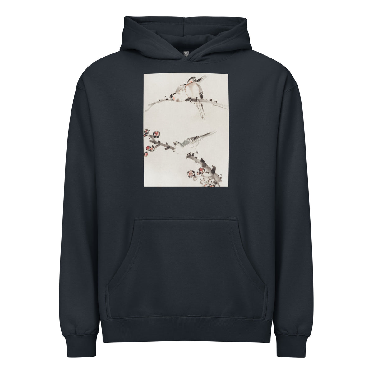 Navy Hoodie Three Birds Perched On Branches One With Blossoms - Katsushika Hokusai Published Between 1830 And 1850 An Illustration Of Three Birds Perched On Branches One With Blossoms Signature