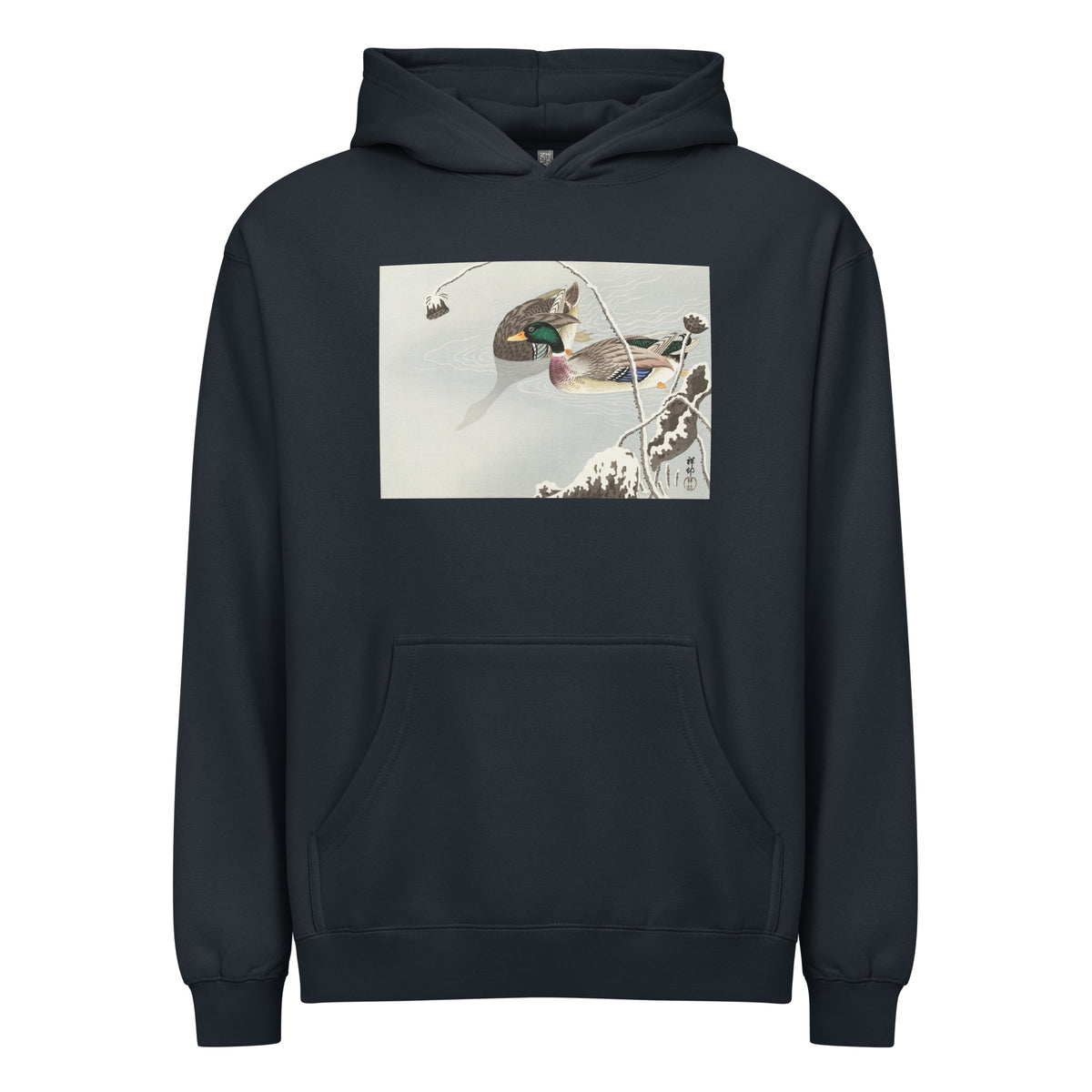 Navy Hoodie Two Mallards Near A Snow-Covered Lotus - Ohara Koson 1925 Signature