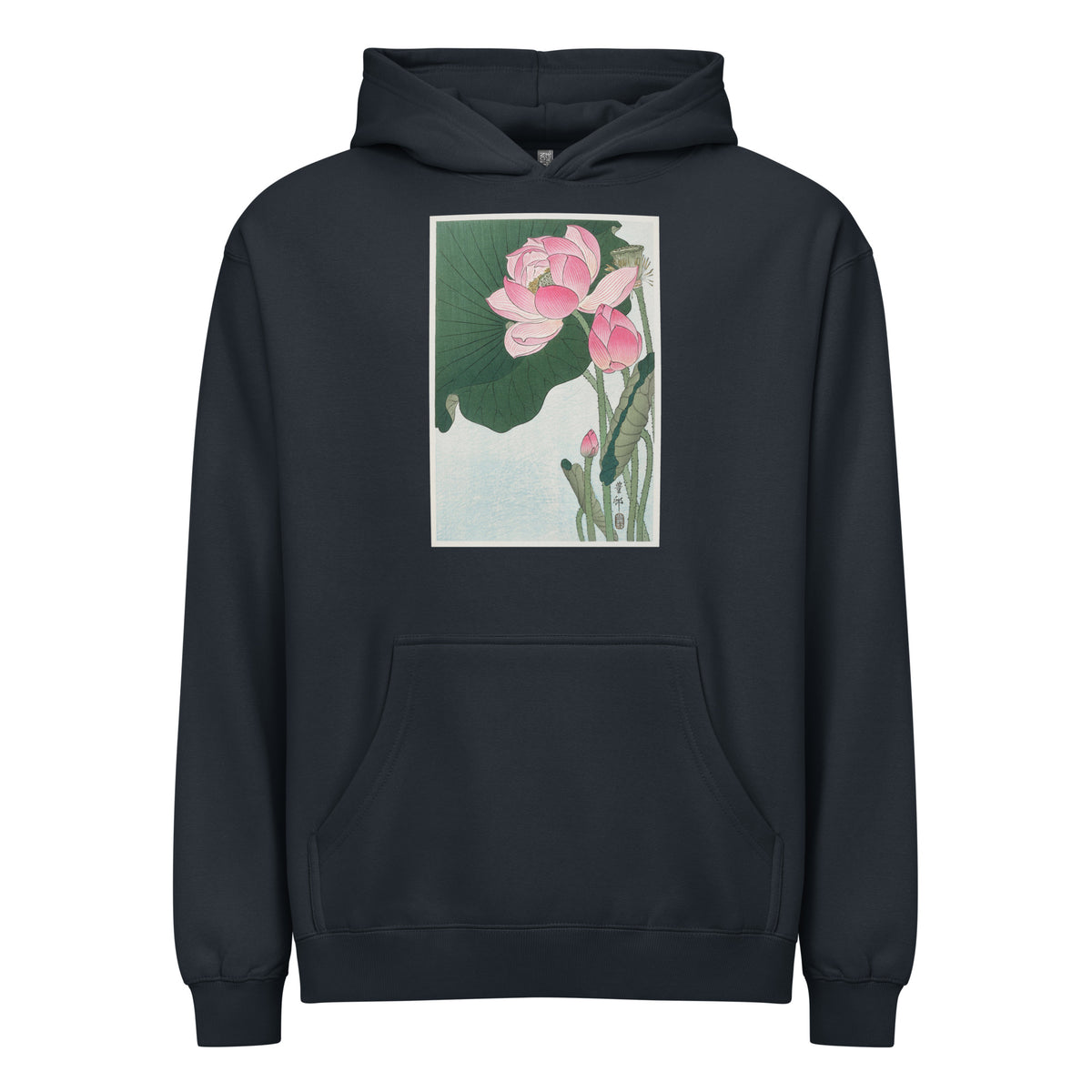 Navy Hoodie Blooming Lotus Flowers - Ohara Koson 1920 Signature