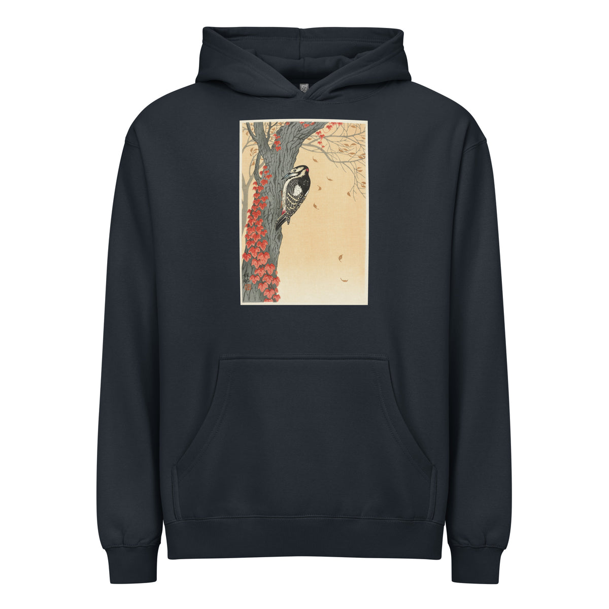 Navy Hoodie Great Spotted Woodpecker In Tree With Red Ivy - Ohara Koson 1925 Signature