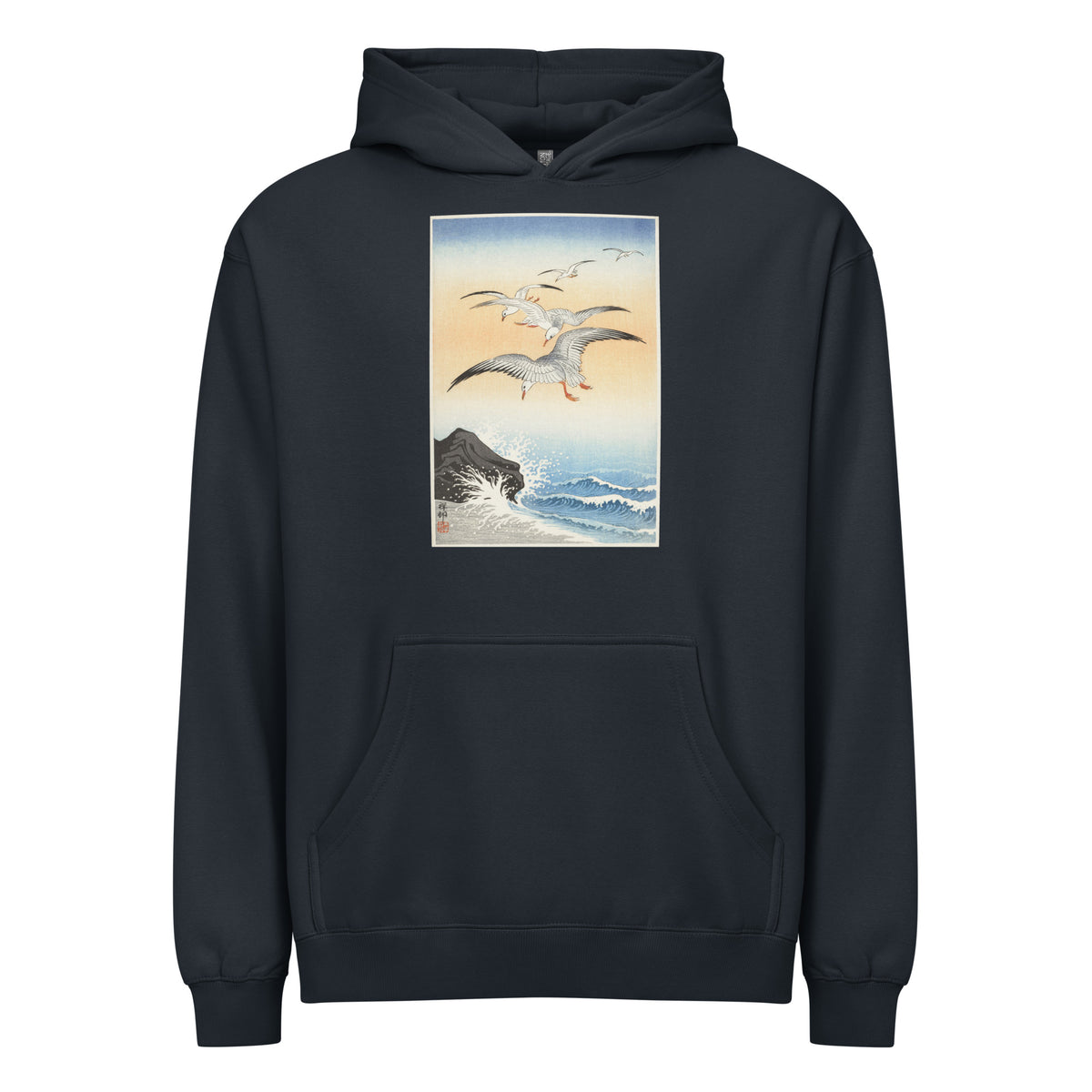 Navy Hoodie Five Seagulls Above Turbulent Sea - Ohara Koson 1900 Signature