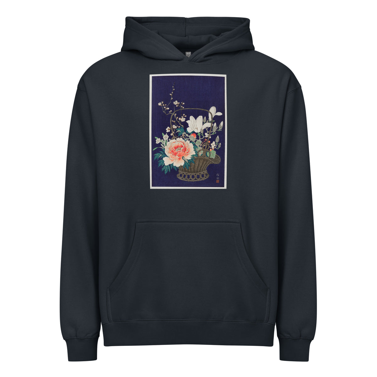 Navy Hoodie Bamboo Flower Basket - Ohara Koson 1932 Signature