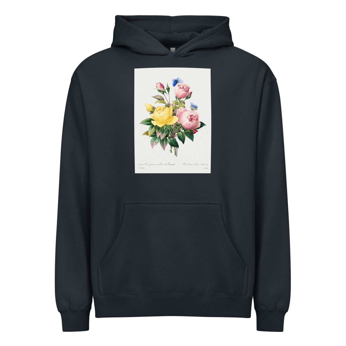Navy Hoodie Yellow Rose And Cabbage Rose - Pierre-Joseph Redoute 1759 Signature
