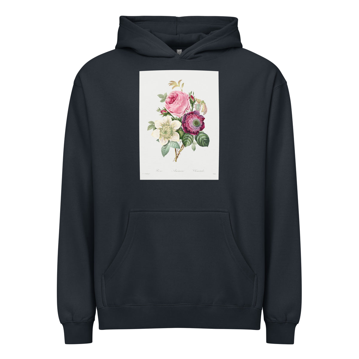 Navy Hoodie Anemone And Cabbage Rose - Pierre-Joseph Redoute 1759 Signature