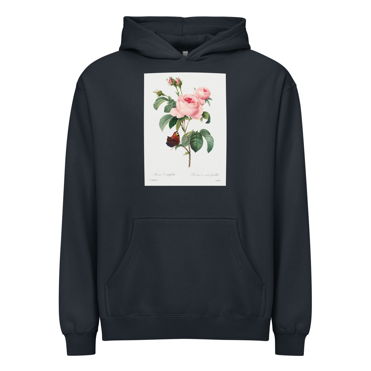 Navy Hoodie Cabbage Rose - Pierre-Joseph Redoute 1759 Signature