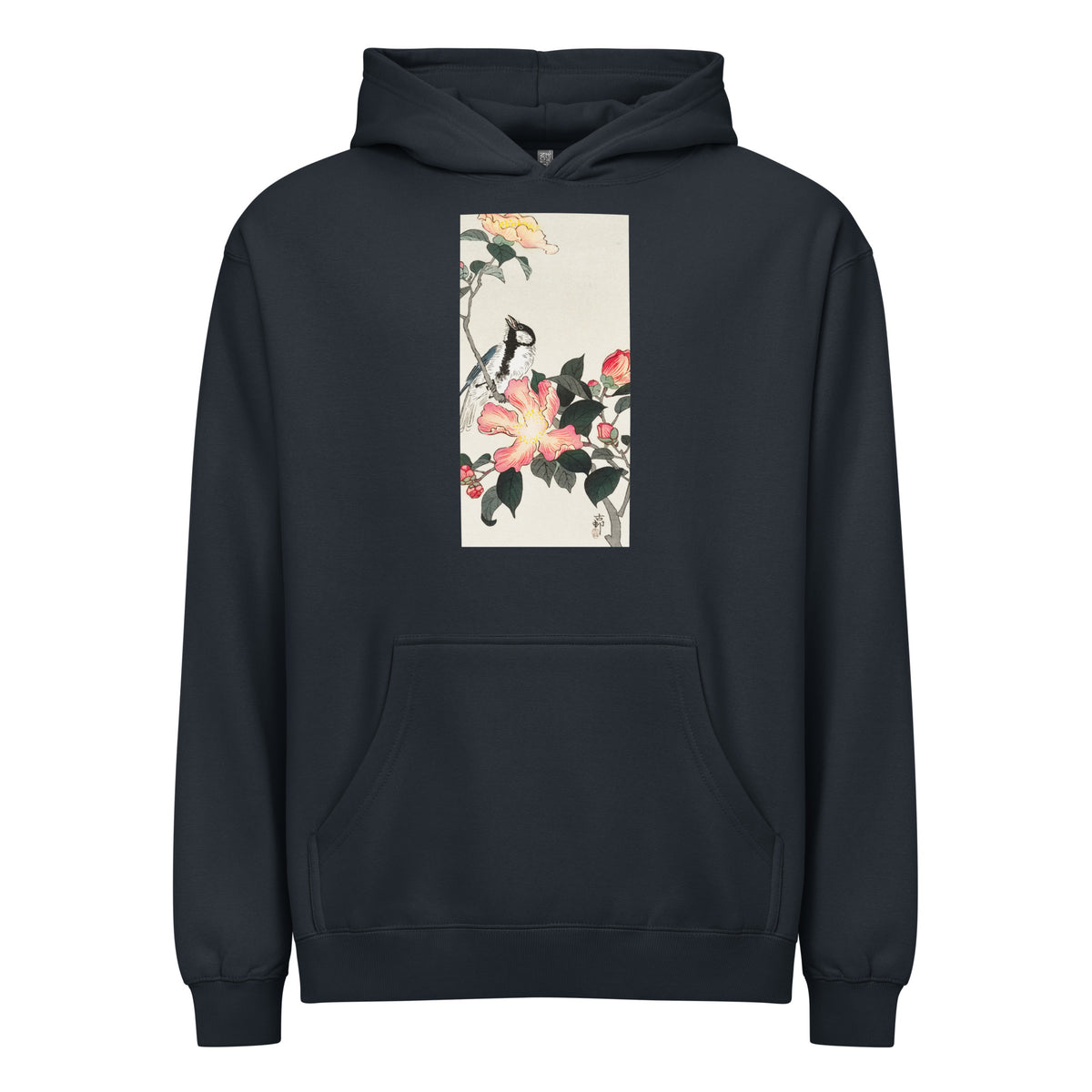 Navy Hoodie Great Tit On Branch With Pink Flowers - Ohara Koson 1900 Signature