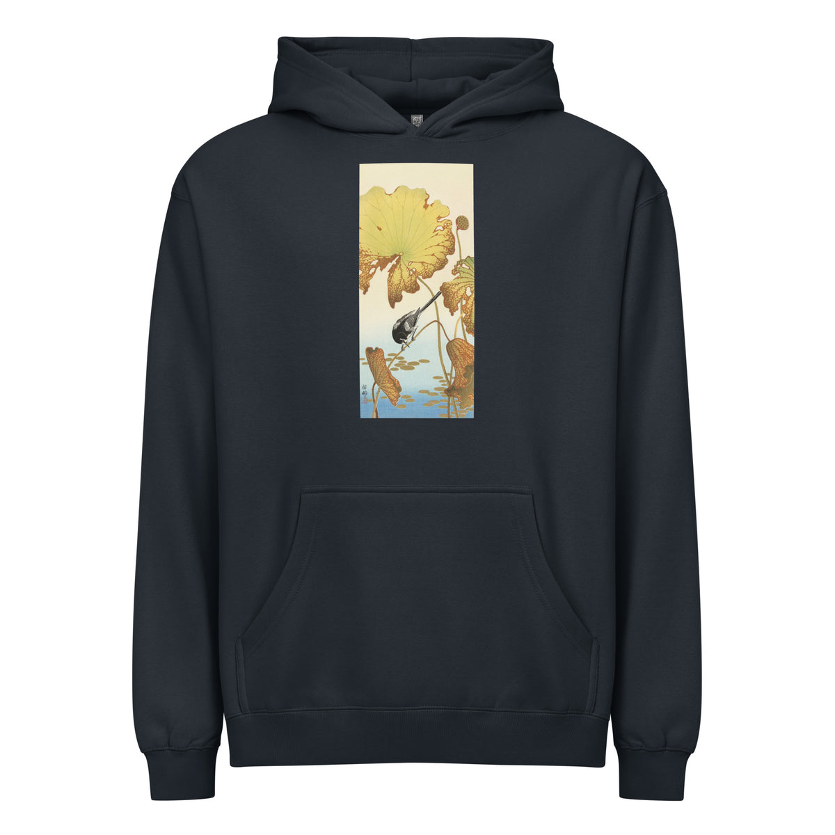 Navy Hoodie Japanese Wagtail On Lotus Plant - Ohara Koson 1925 Signature