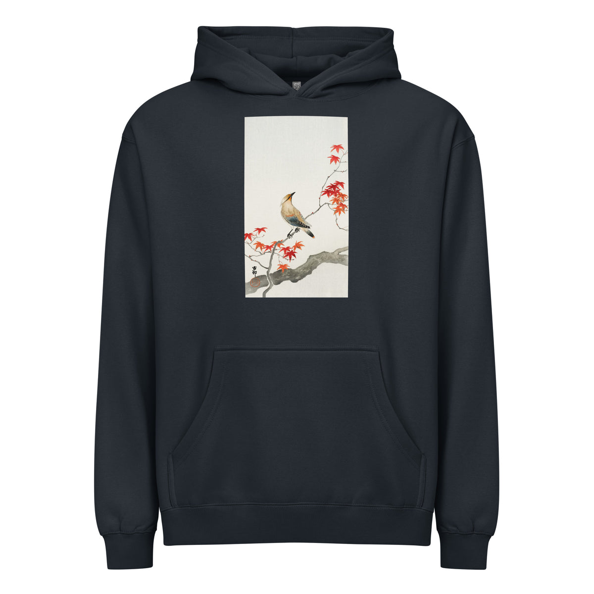 Navy Hoodie Japanese Plague Bird On Maple - Ohara Koson 1900 Signature