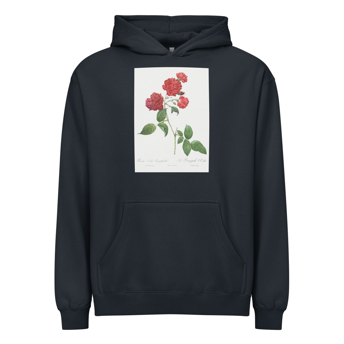 Navy Hoodie Red Cabbage Rose Also Known As Bengal Eyelet Rosa Indica Caryophyllea - Pierre-Joseph Redoute Original From The Library Of Congress 1817 Signature