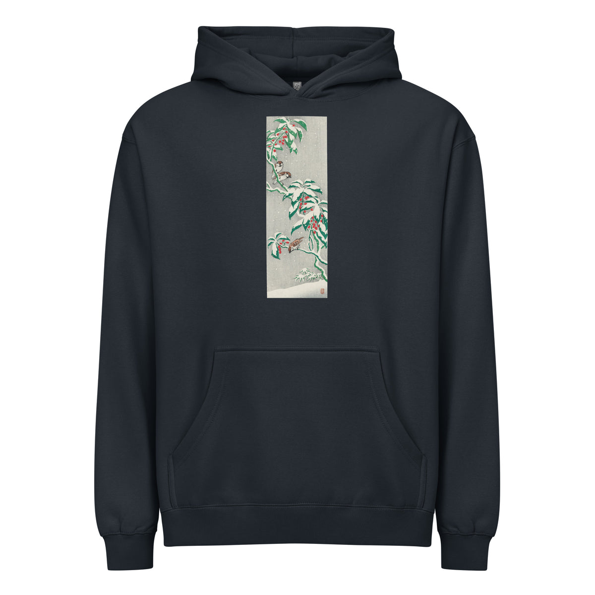 Navy Hoodie Sparrows On Snowy Berry Bush Signature
