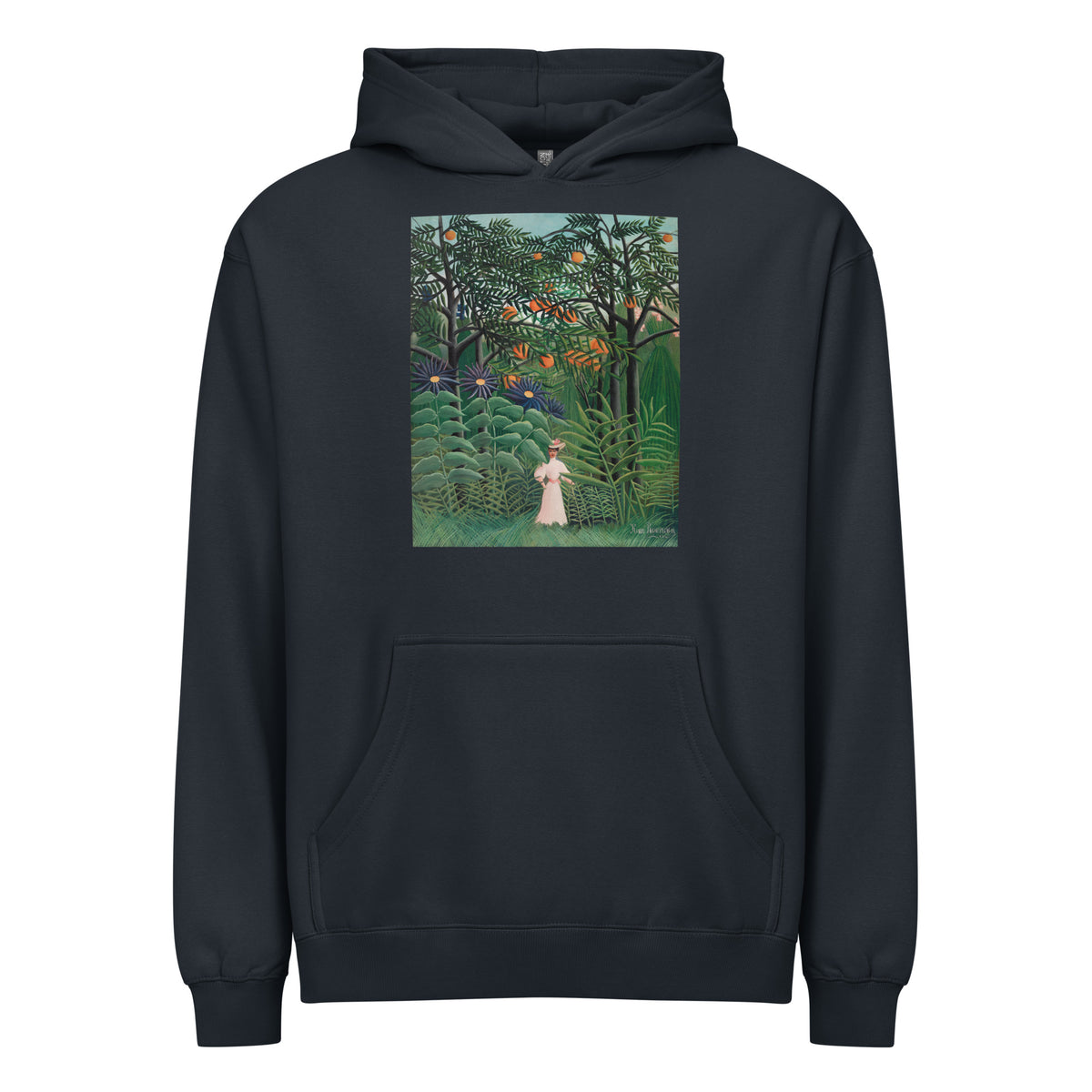 Navy Hoodie Woman Walking In An Exotic Forest Femme Se Promenant Dans Une Foret Exotique Signature