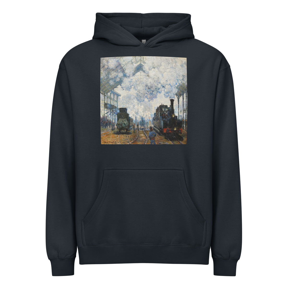 Navy Hoodie Claude Monet S Arrival Of The Normandy Train Famous Painting Signature