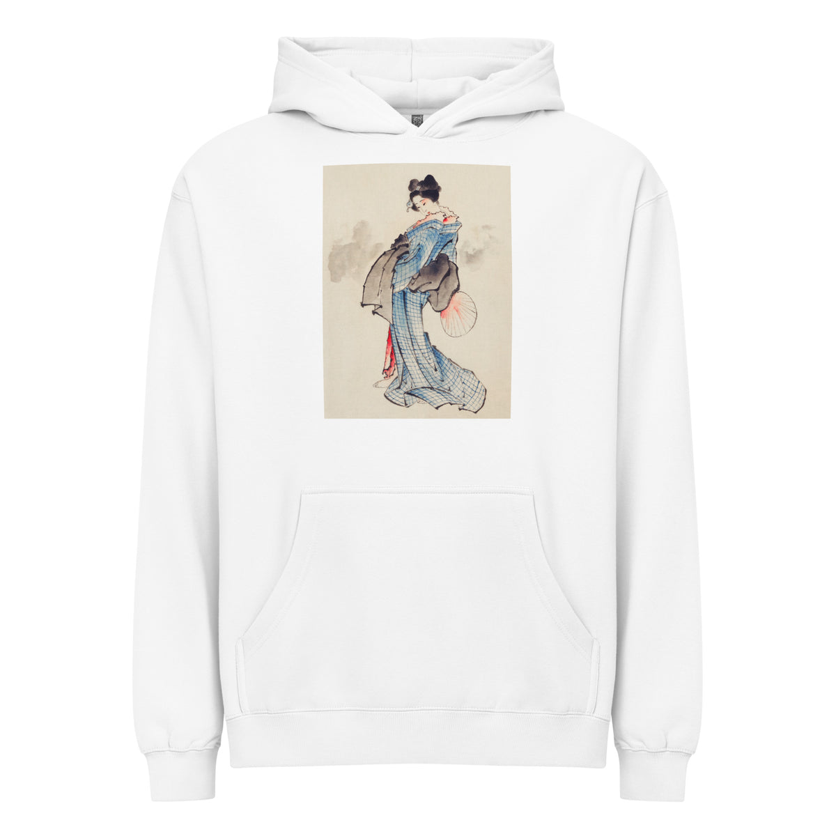 White Hoodie Woman Full-Length Portrait Standing Facing Left Holding Fan In Right Hand Wearing Kimono With Check Design - Katsushika Hokusai 1760 Signature
