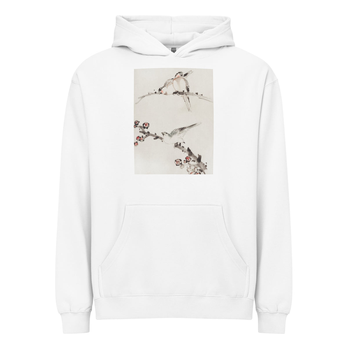 White Hoodie Three Birds Perched On Branches One With Blossoms - Katsushika Hokusai Published Between 1830 And 1850 An Illustration Of Three Birds Perched On Branches One With Blossoms Signature