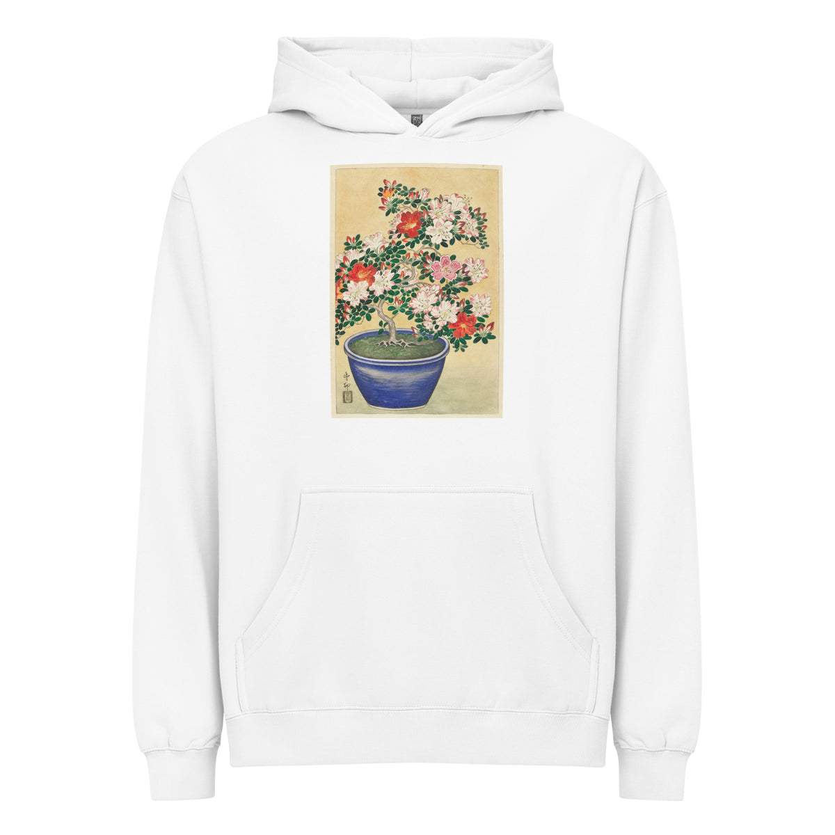 White Hoodie Blooming Azalea In Blue Pot - Ohara Koson 1920 Signature