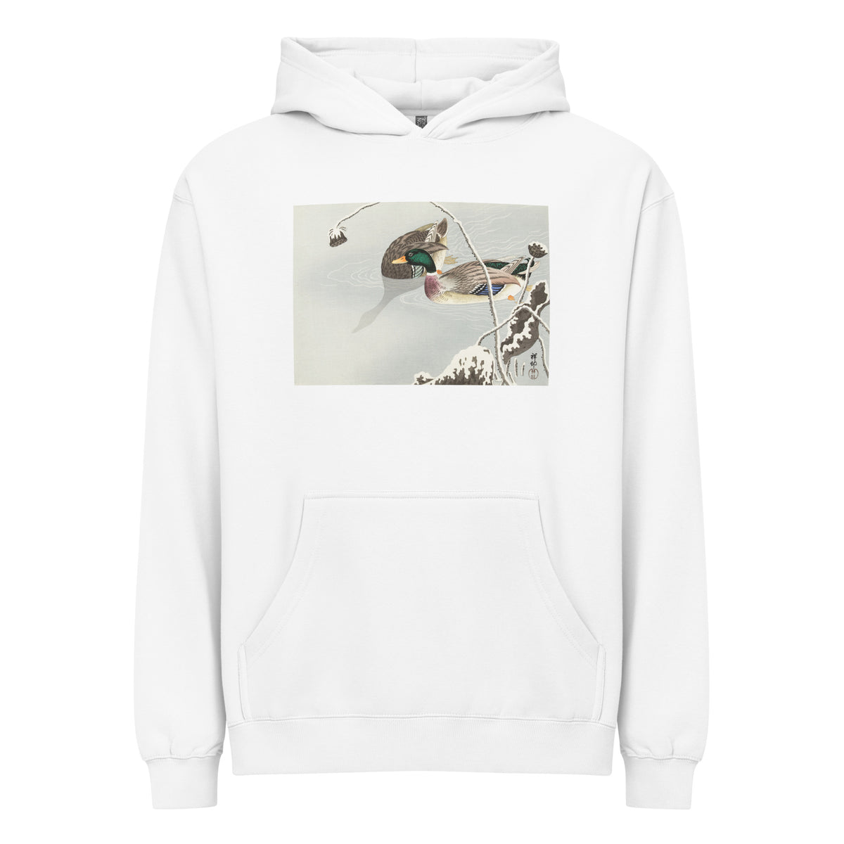 White Hoodie Two Mallards Near A Snow-Covered Lotus - Ohara Koson 1925 Signature