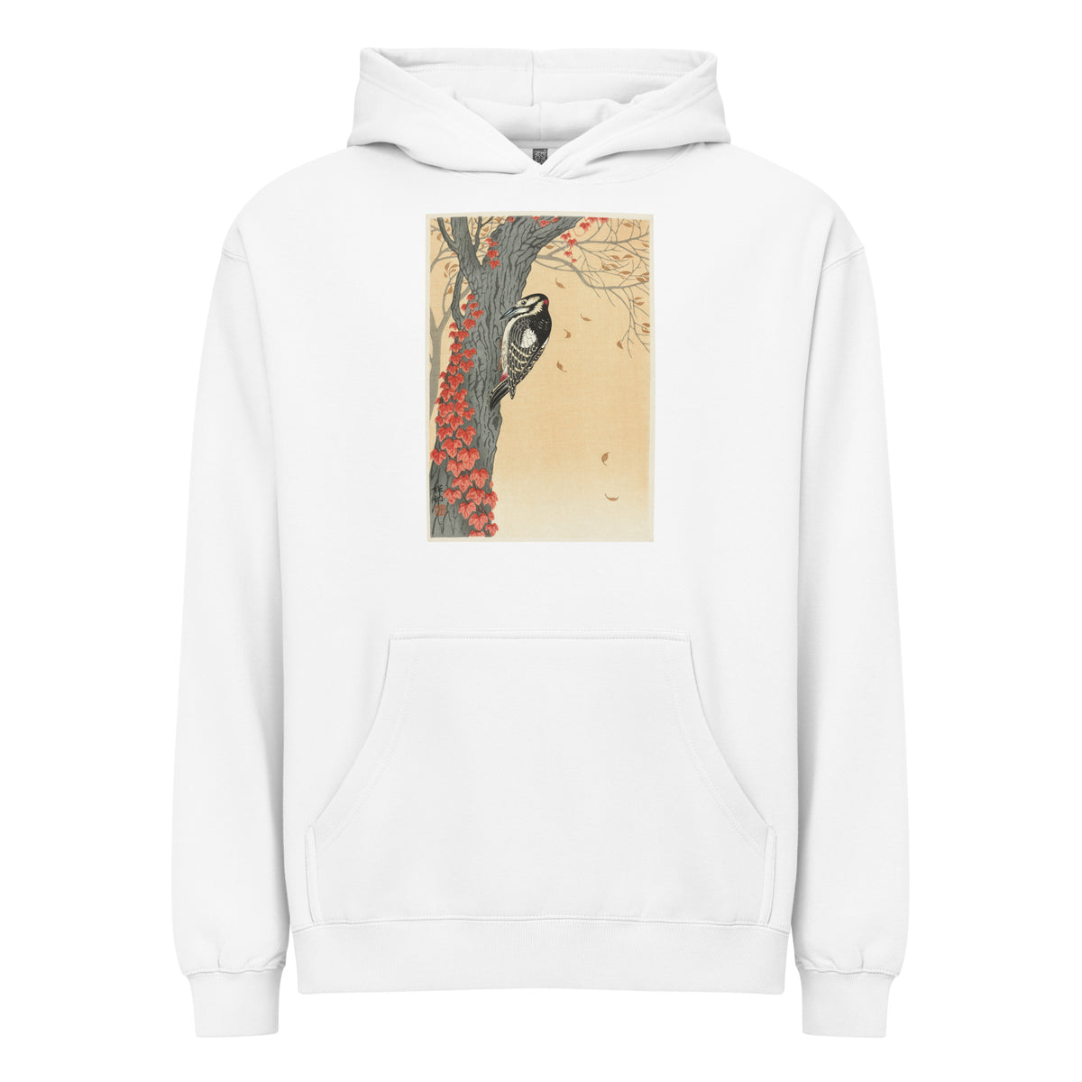 White Hoodie Great Spotted Woodpecker In Tree With Red Ivy - Ohara Koson 1925 Signature