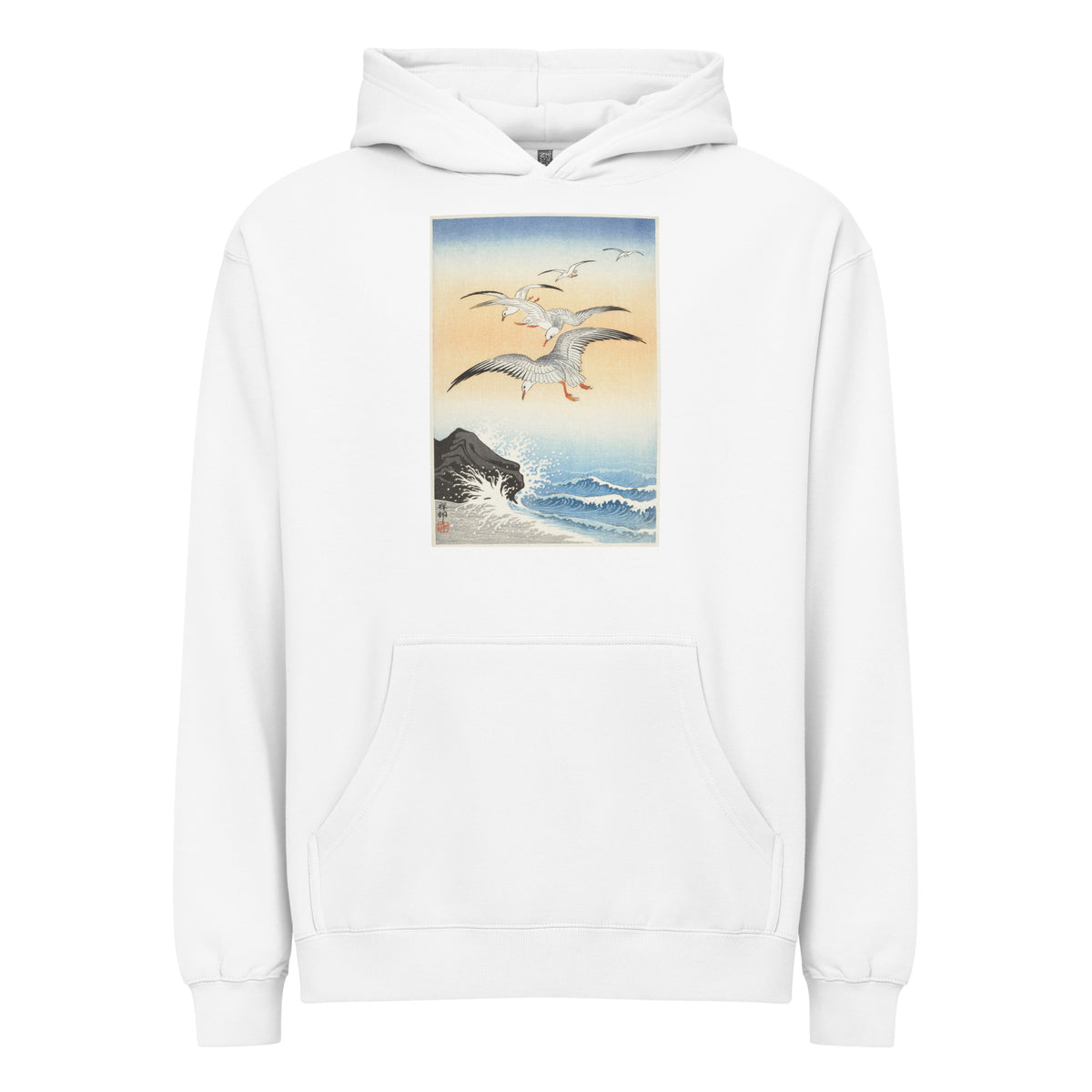 White Hoodie Five Seagulls Above Turbulent Sea - Ohara Koson 1900 Signature