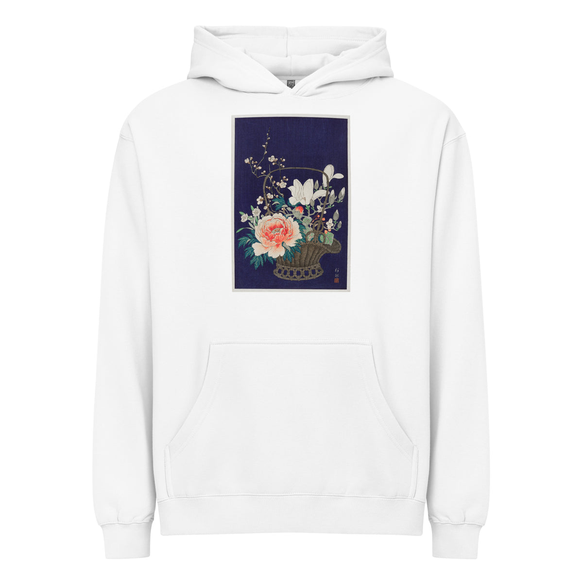 White Hoodie Bamboo Flower Basket - Ohara Koson 1932 Signature